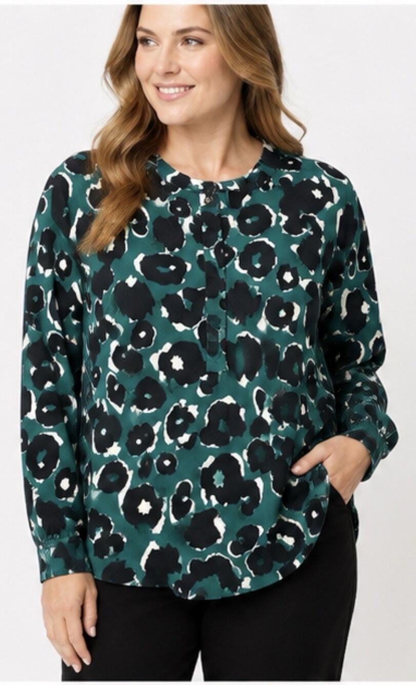 M&S Collection Womens Blouse Size 18 Green Black Animal Print Long Sleeve